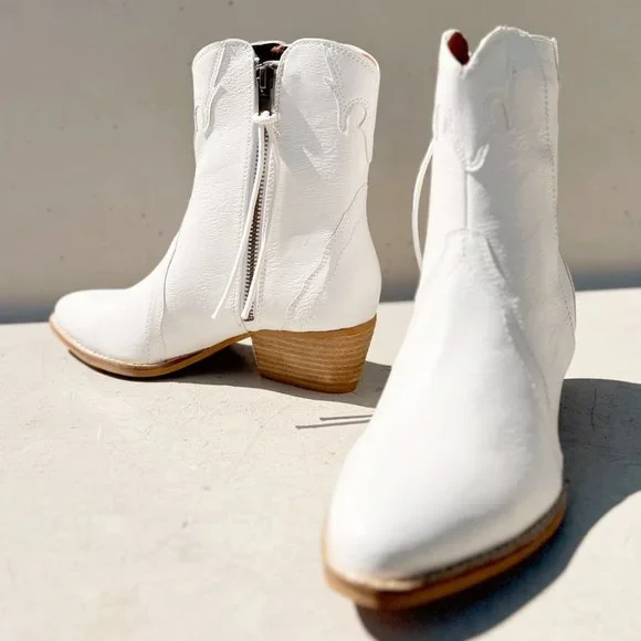 NEW Pointy Toe Stack Block Heel Zip Up Western Ankle Booties Boots Off White - Picture 6 of 16